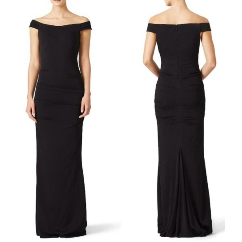 Nicole Miller Black Vive Crepe Scoop Neckline Fitted Ruching Detail Gown Size 14